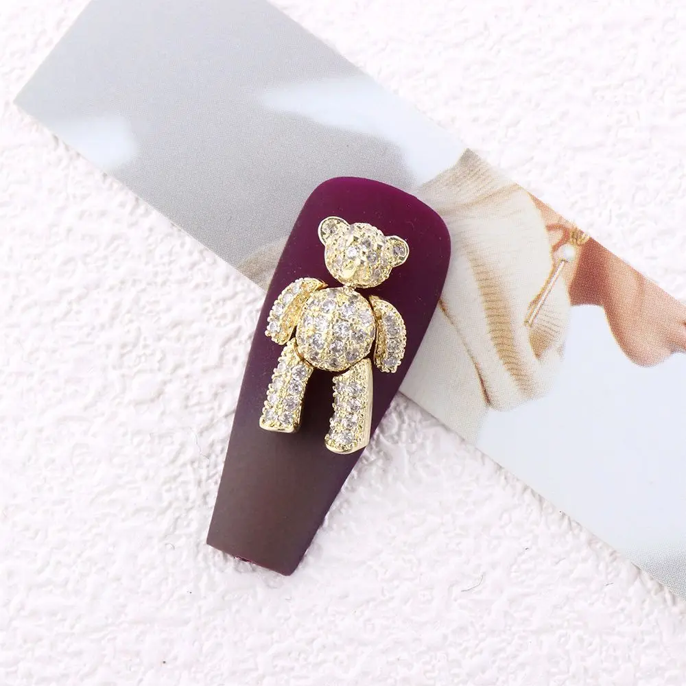 زينة أظافر ثلاثية الأبعاد على شكل دب من الزركون اللامع بلون الذهب الوردي، مجوهرات أظافر للزينة والديكور