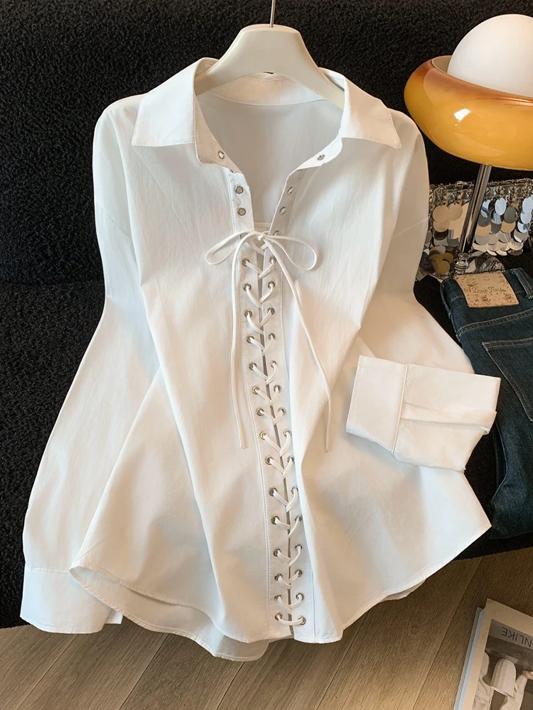 

Elegant Bandage Shirts Women Simple Office Lady Long Sleeve Casual Blouse Spring Autumn Exquisite Female Pure Cotton Chic Tops