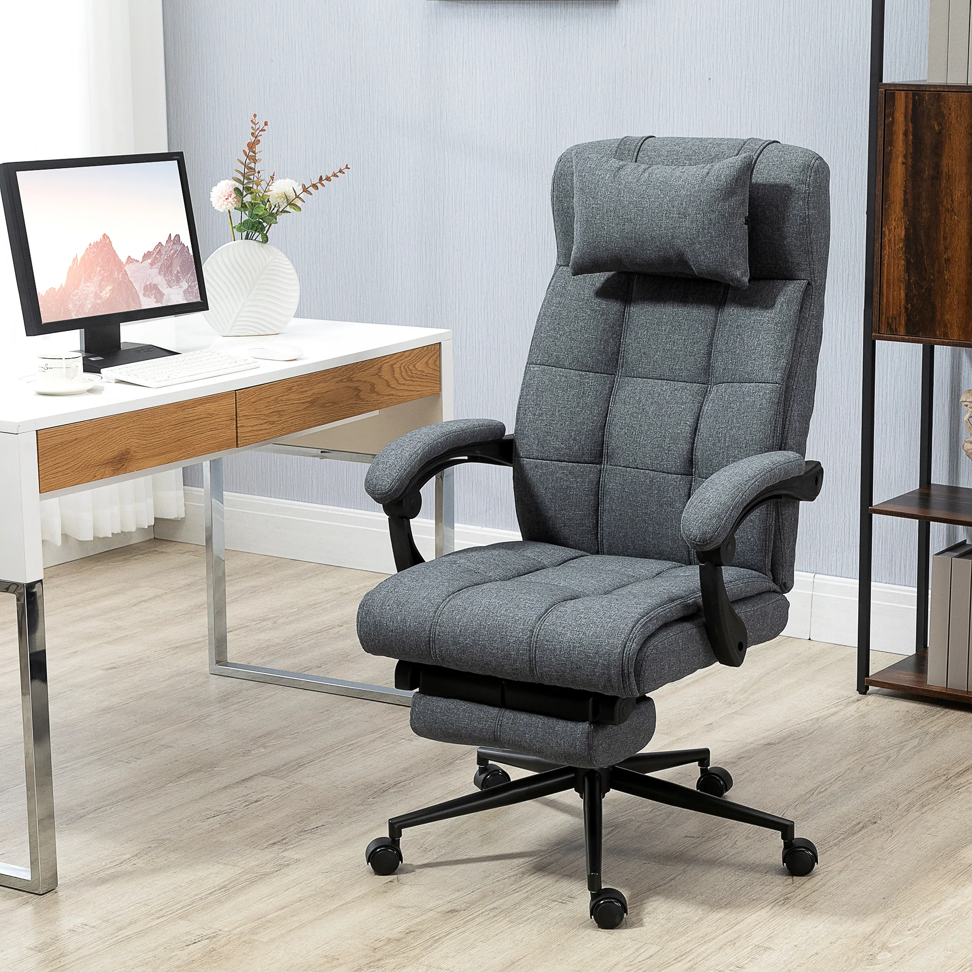 Reclining Office Chair Rolling Swivel Chair Footrest Linen-Feel Dark Grey