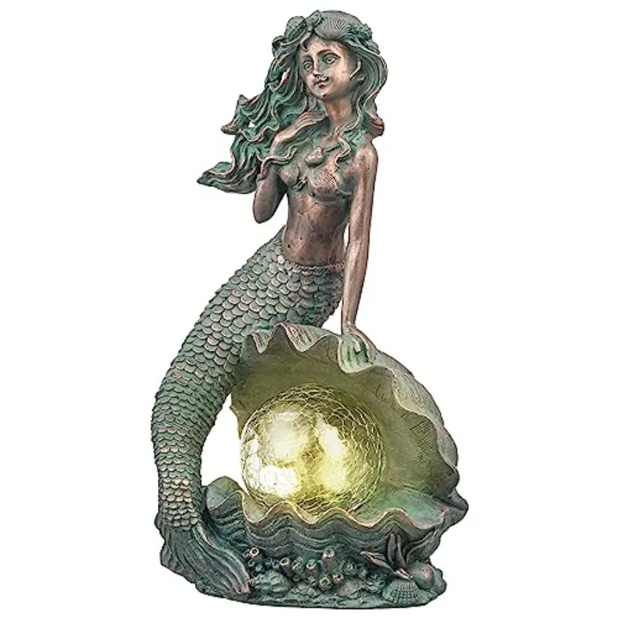 Mermaid Garden Statues with Solar Outdoor Lights for Outdoor Decor, Bronze Patina Fairy Sculptures and Statues Christmas Decora