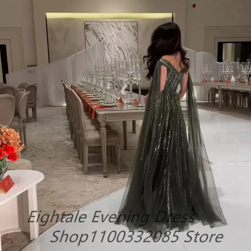 Customized Army Green A Line Shinning V Neck Evening Dresses For Wedding Party Long Luxury Sequined Prom Dress Dubai Party Gown