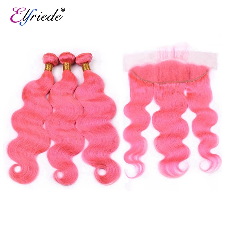 Elfriede #Pink Body Wave Colored Hair Bundles with Frontal Brazilian Human Hair Sew-in Wefts 3 Bundles with Lace Frontal 13x4