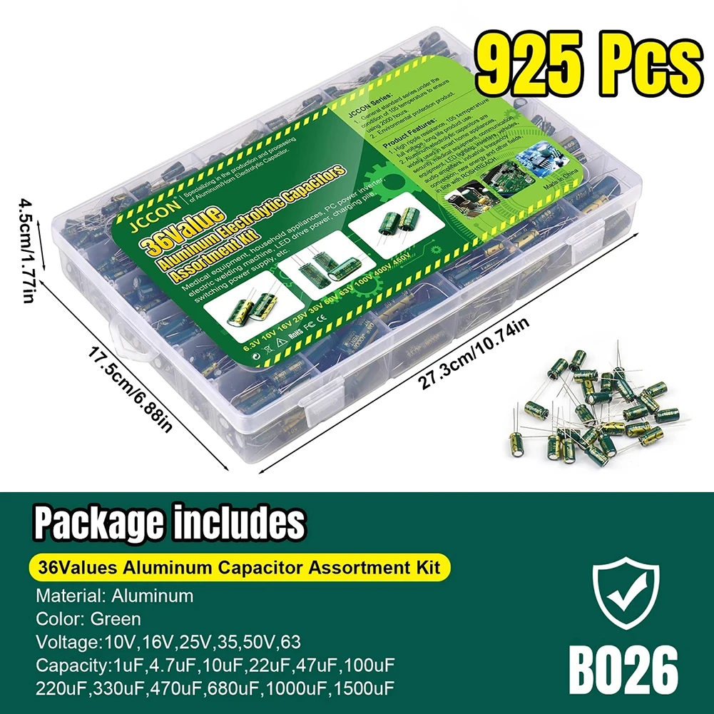15/24/36 Values 225/460/925Pcs Aluminum Electrolytic Capacitors 16V-50V Electrolytic Capacitor Assortment Kit for DIY Projects