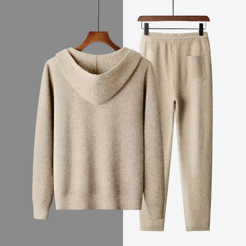 Men's 100% Cashmere Hooded Set Casual Zipper Cardigan And High-Waisted Straight Leg Pants Two-Piece Warmth Autumn Winter Outfit.