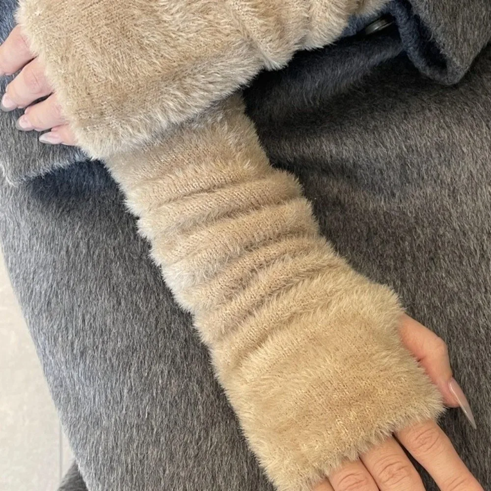 Long Wrist Guard Korean Style Knitted Warm Sleeves Hole Y2k Woolen Gloves Spicy Girl Solid Color Long Fingerless Sleeves Autumn