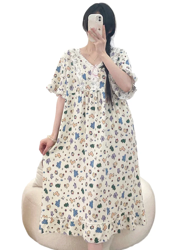 

Trendy Print White Mid Length Dress Women's Cute Fitted Mini Nightgown for Sleeping Nightwear Woman Top Home Clothes