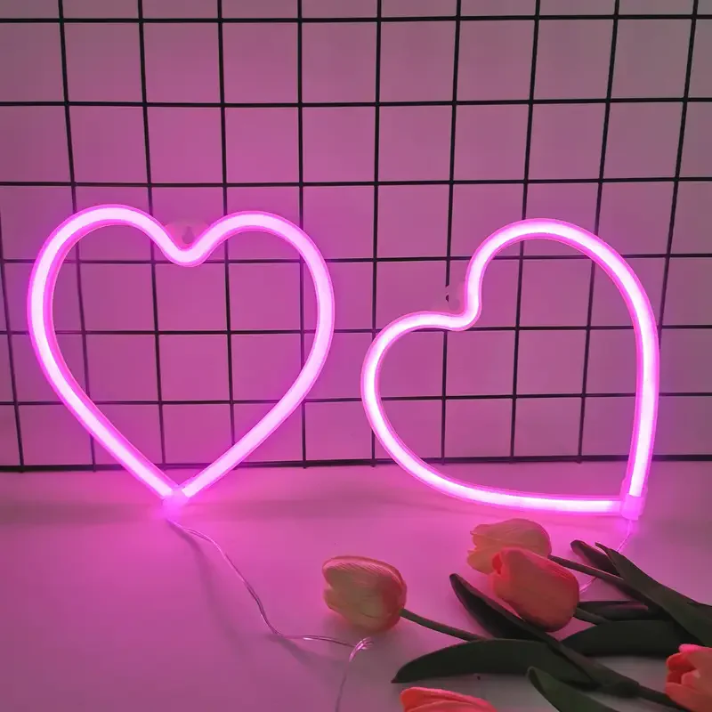 Pink Heart LED Neon Sign USB/Battery Powered LED Light for Bedroom Room Decoration Gift Night Light Decoration Party Holiday