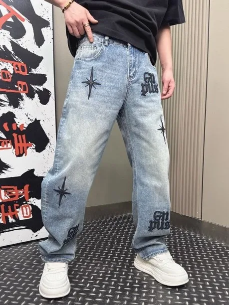 

Light Blue Waed American Street Letter Print Men's Jeans Casual Loose Straight Faionable Long Trousers Daily Wear
