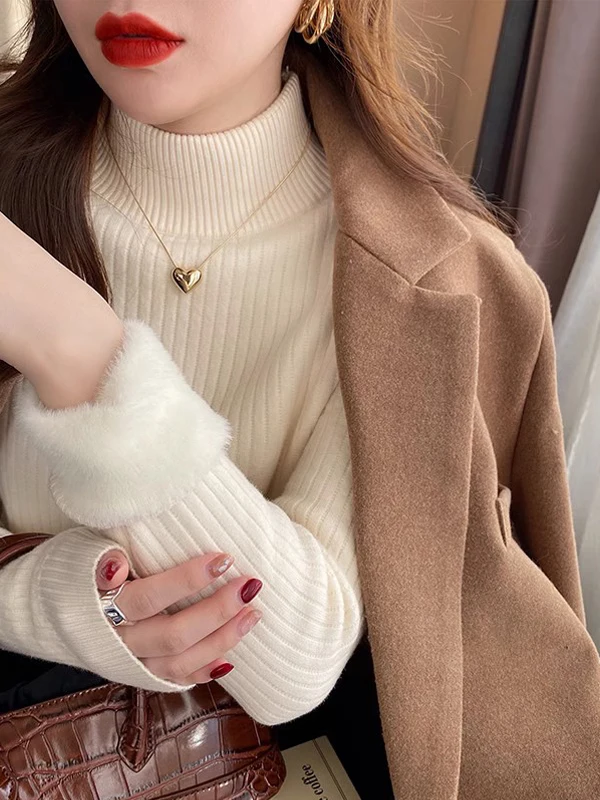 Women's Thickened Half-High Collar Knitted Sweater Autumn Winter Fashion Soft Warm Fleece Lined Slim Fit Knitwear Top