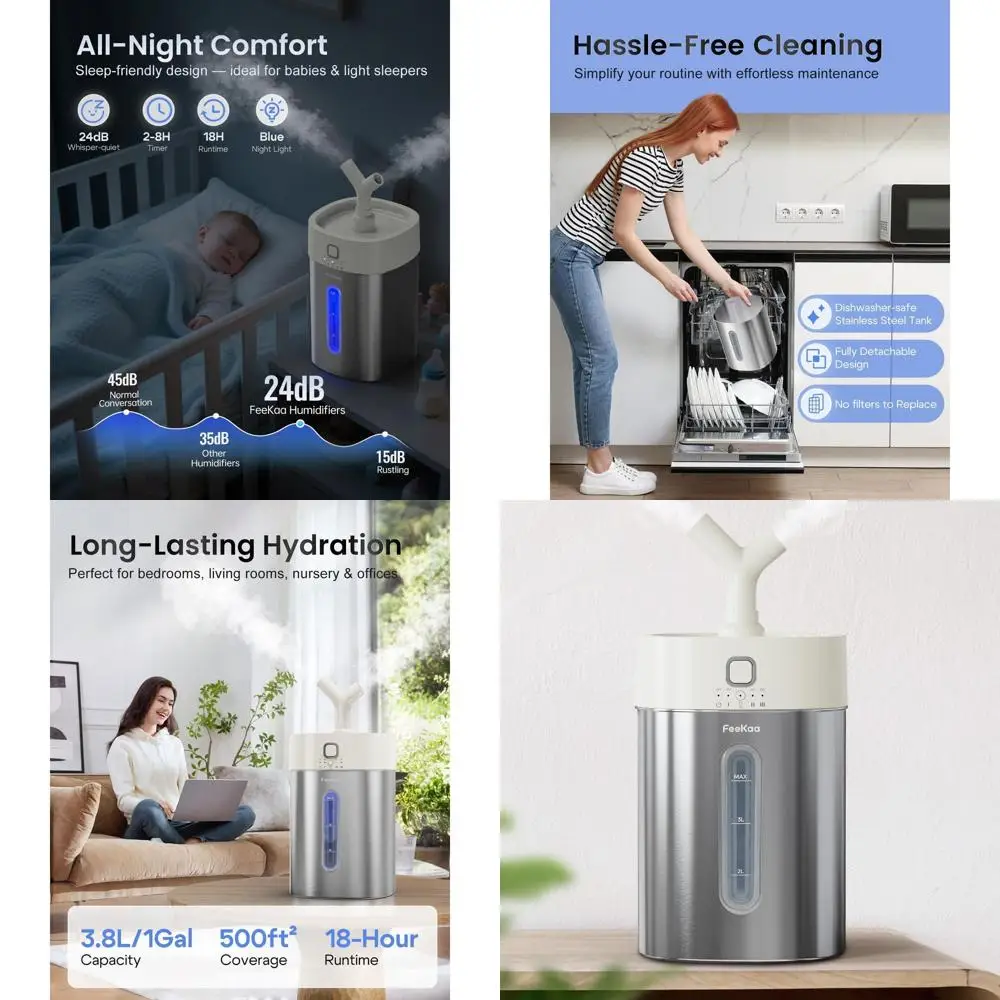 

Увлажнитель воздуха с функцией холодного тумана на 1 галлон для помещений площадью до 500 кв. футов, легко чистится и можно мыть в посудомоечной машине, идеально подходит для спален, детских комнат и офисов.