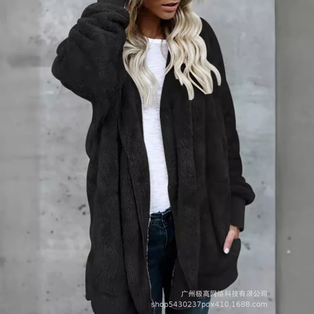 Women's Clothing New Black Winter Hoodie Fleece Solid Color Coat Autumn Winter