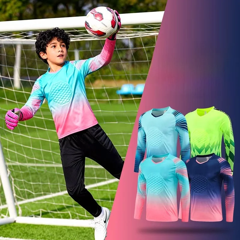 子供用長袖ゴールキーパーキットセットカスタマイズ可能なチームユニフォームサッカートレーニングウェア胸部と腕の保護機能付き
