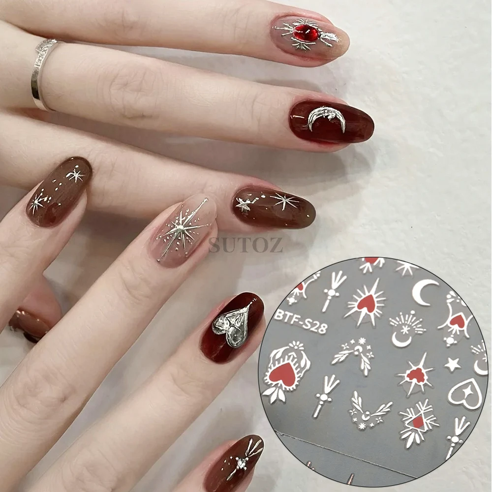 3D Heart Nail Stickers Celestial Nail Decals Gold Silver Star Moon Sliders For Manicure Y2K Design Kawaii Accessories LEBBTF-S28