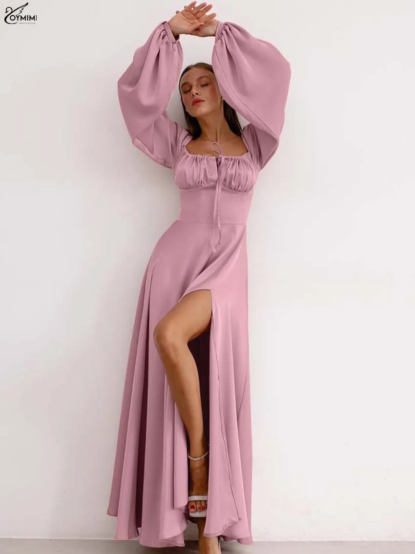 Oymimi Fashion Zielone Satynowe Sukienki 2025 Kobieta Elegancka Kwadratowy Dekolt Długi Rękaw Sznurowana Sukienka Codzienna Rozcięcie Boczne Sukienka Do Ziemi