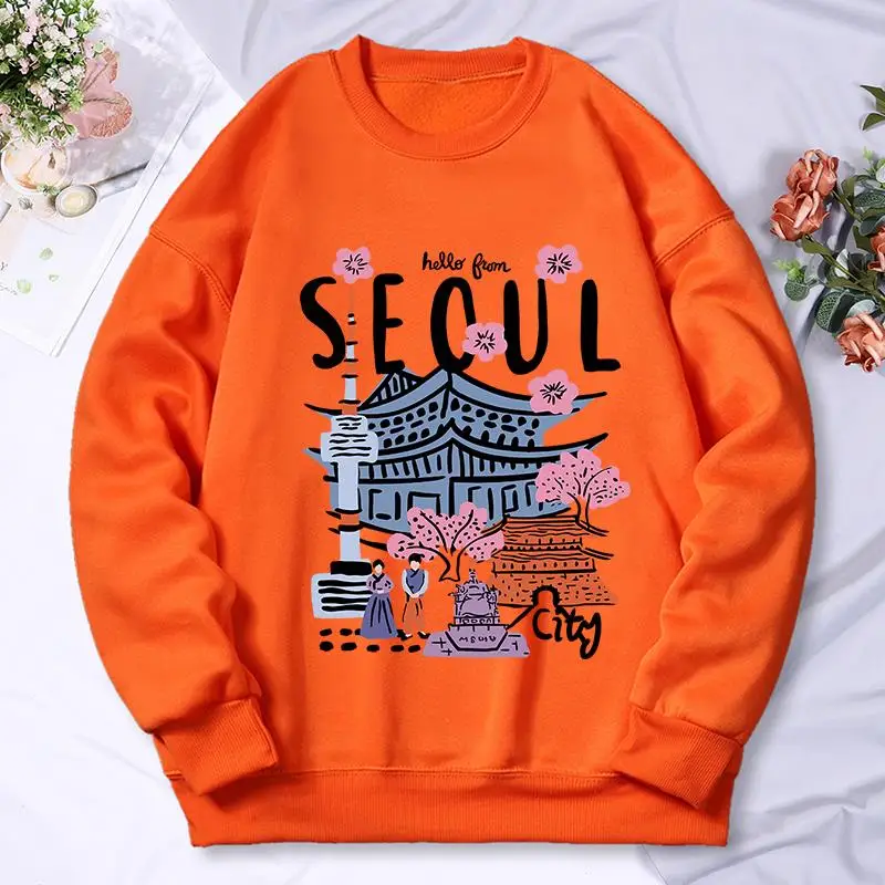 Seoul Beautiful Scenery Printing Womens Hooded Autumn Casual Warm Hoodies Fashion Soft Hoodie Street Versatile Female Pullover