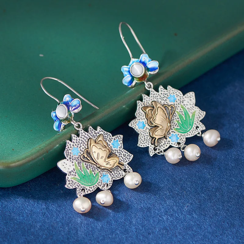 S925 Sterling Silver Drop Earrings for Women New Fashion Eternal Rattan Cloisonne Butterfly Flower Pearl Ear-drops Wholesale