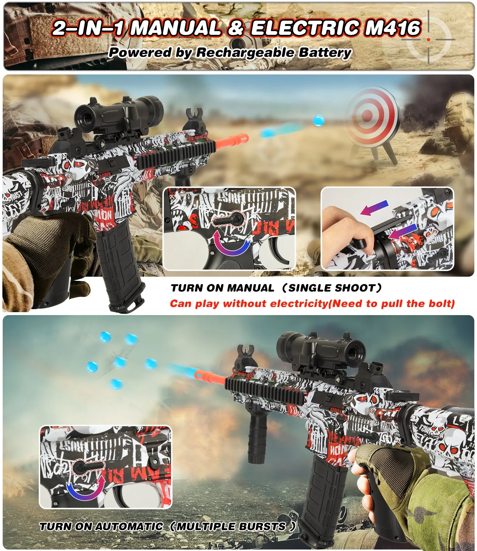 เจลบอล Blaster แบบไฟฟ้า/แมนนวล - 2 โหมด! มาพร้อมกับลูกปัดน้ํา 40,000 เม็ด - ของเล่นลูกบอลน้ําเจลกลางแจ้งในอุดมคติ