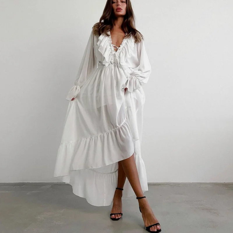 

2026 Woman Casual High Waist Floor-Length Dress Fashion V-Neck Lace-Up Long Sleeve Dresses Elegant White Ruffled Dresses