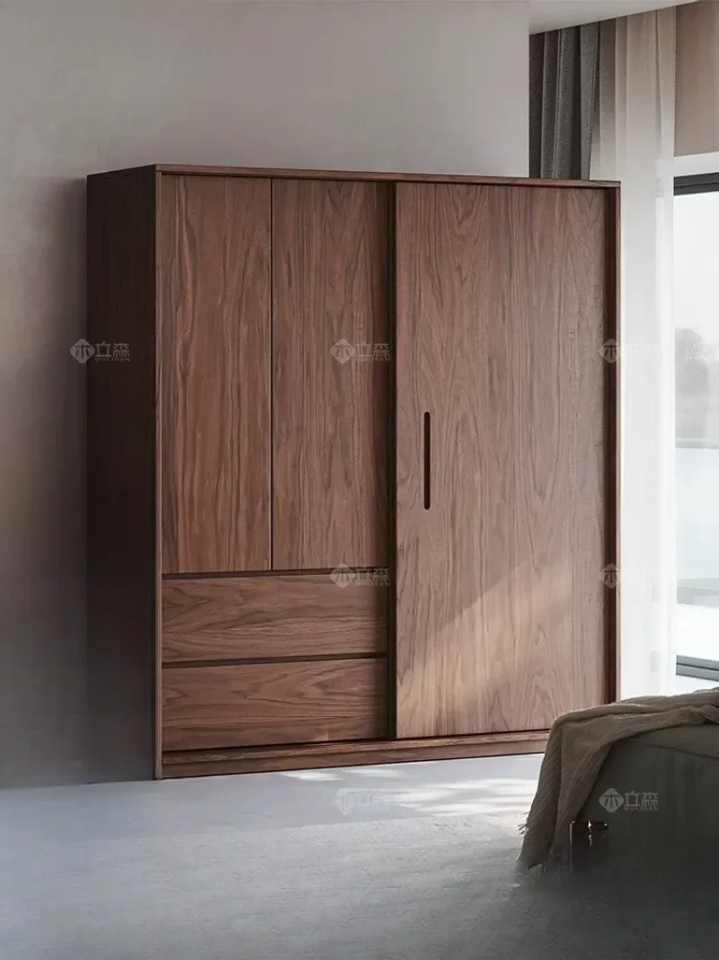 Solid wood black walnut sliding door wardrobe home bedroom modern wardrobe
