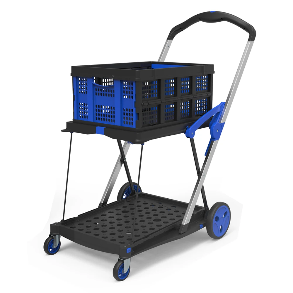 

New Double Decker Folding Cart Lightduty Hand Truck Aluminum Shopping Cart With Storage Crate