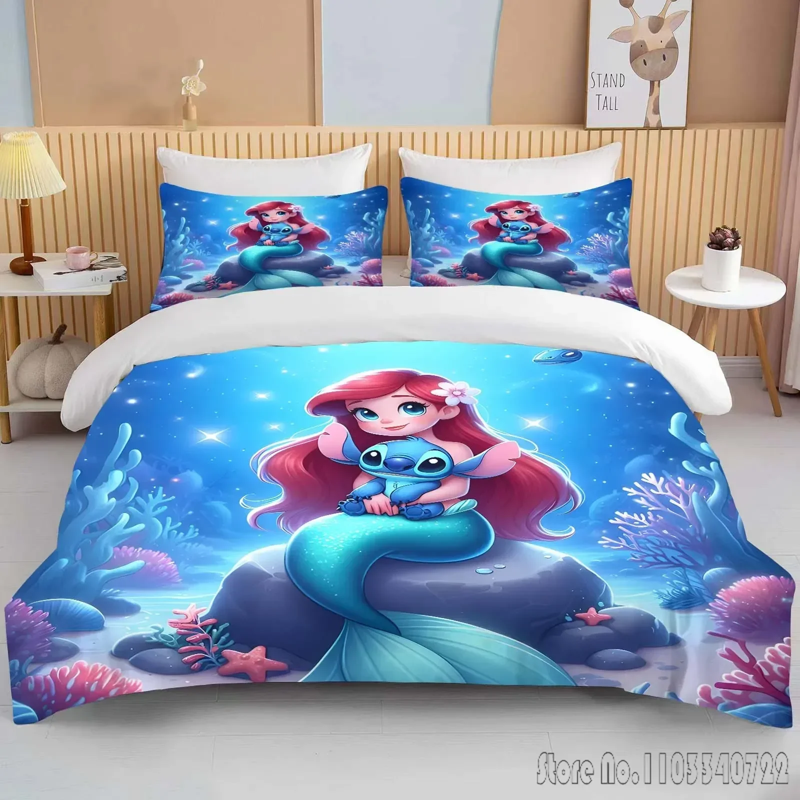 

Princess and Stitch Printed Bedding Set Duvet Cover Anime Quilt Adult Kids Birthday Gift Full Size Comforter Bedding Sets