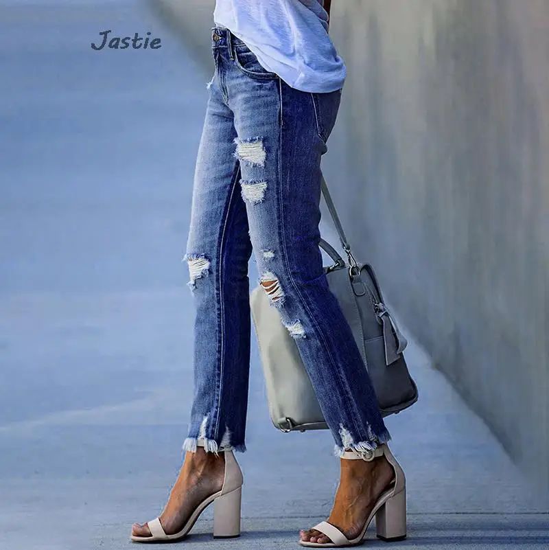 2023 New Pencil Pants Ripped Slim Fit High Waist Vintage Streetwear Casual Fashion Stretch Blue Jeans Woman