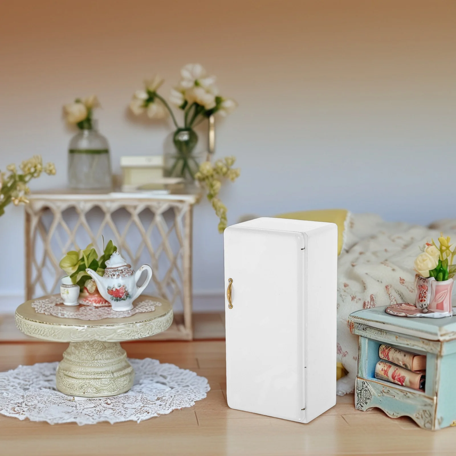 Mini refrigerador de cocina para casa, modelo de muebles para niños (blanco), 1 unidad, 1/12