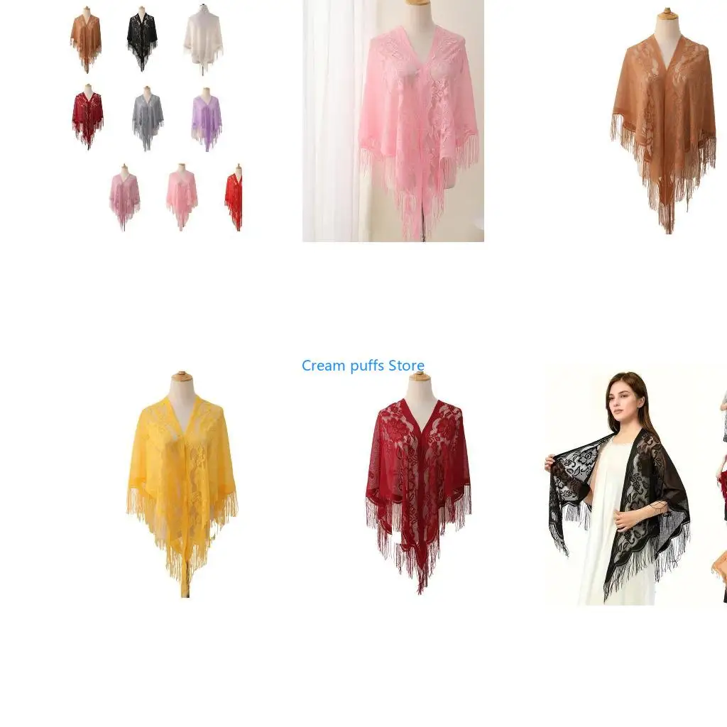 50LE Elegant Lace Fringed Shawl Breathable Hollowout Designs Shoulder Wrap Perfect for Spring and Outdoor Activity Fashion