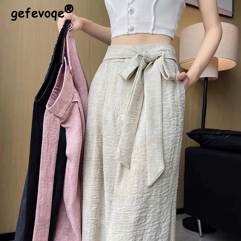 Women\'s Clothing Summer Trendy Lace Up High Waist Casual Streetwear Wide Leg Pants Female Vintage Linen Loose Straight Trousers