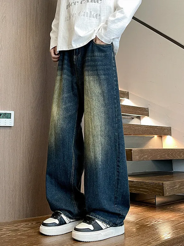 

Washed Vintage Bamboo Node Pattern Men's Jeans Loose Straight Leg Casual Trousers Spring Autumn Seasonal Fashion Street Style
