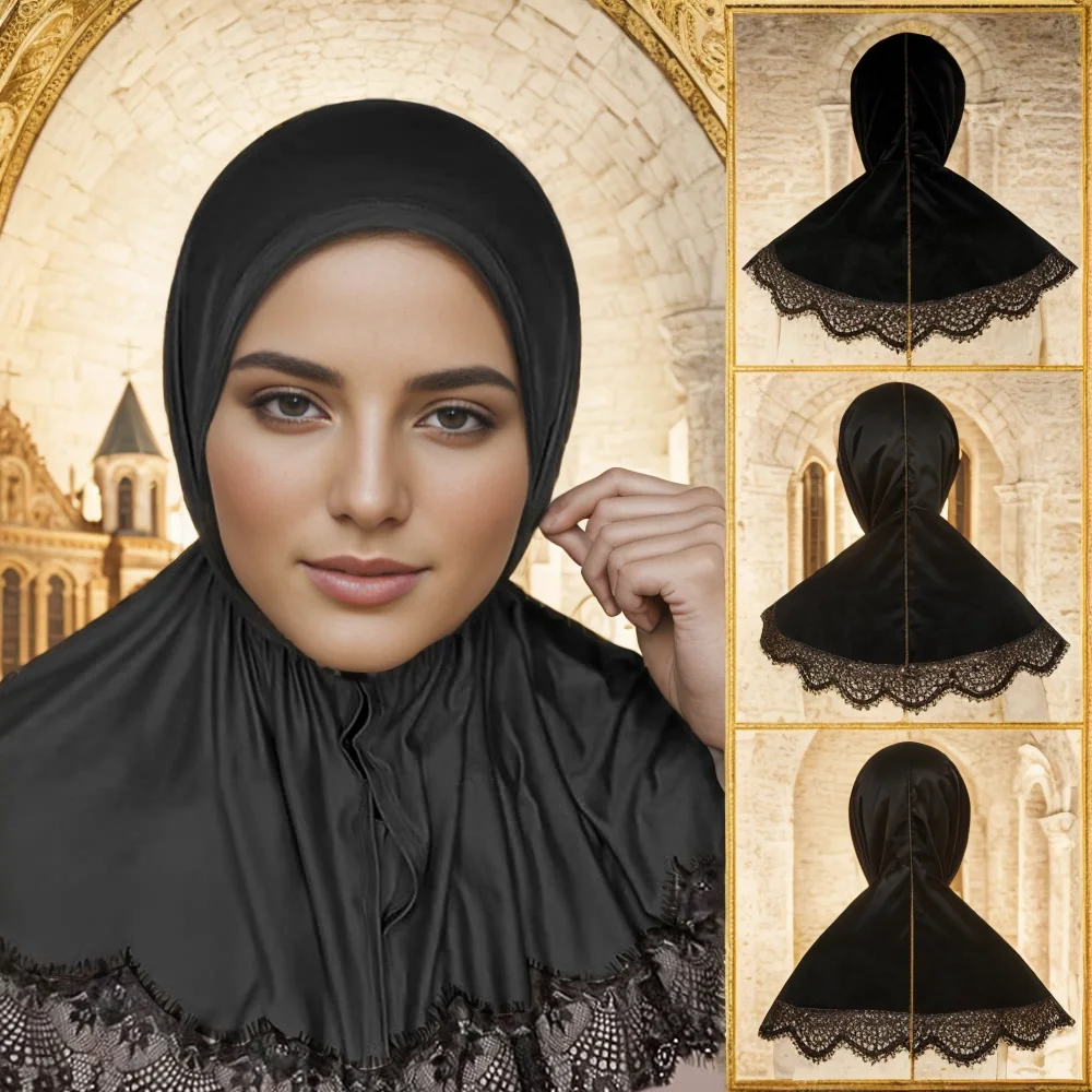 Lace Turban Muslim Hijab Ramadan Islam Hats Solid Colors Head Scarf Headwraps For Women Elegant Fashion Lady Caps