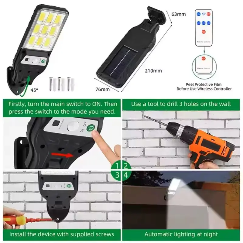 4PCS Solar Wall Light with Motion Sensor 108COB Outdoor 3 Modes for Terrace Garden Fence Pavilion and Terrace