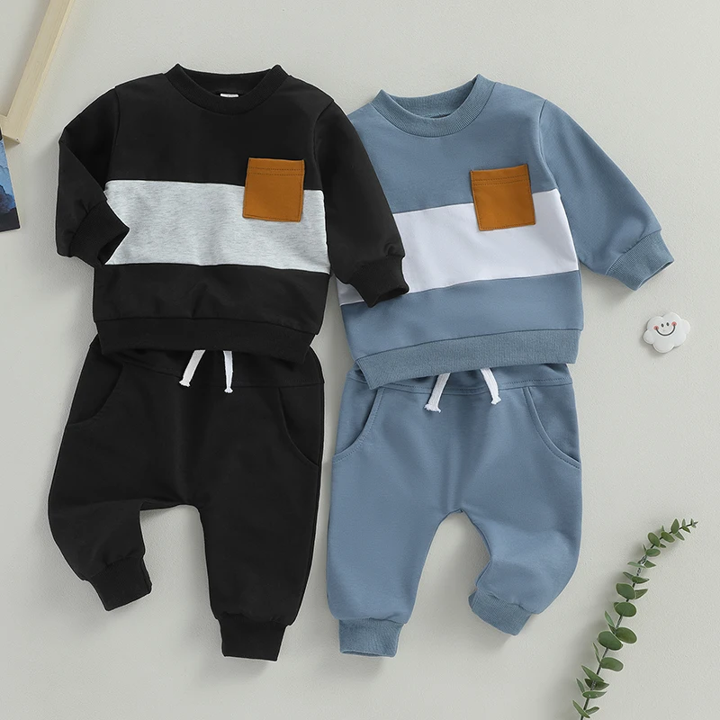 

Suefunskry Toddler Baby Boy 2Pcs Fall Outfits Contrast Color Crew Neck Long Sleeve Sweatshirt and Elastic Waist Pants 0-3Years