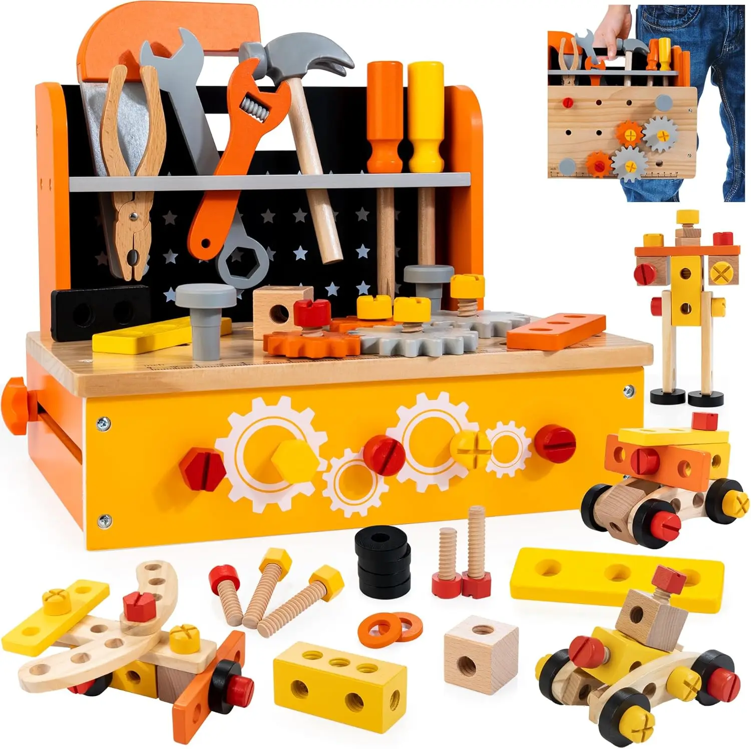 

54-Piece Wooden Tool Bench for Kids, STEM Educational Toy with 2-in-1 Workbench & Take-Along Kit, Ages 3-8