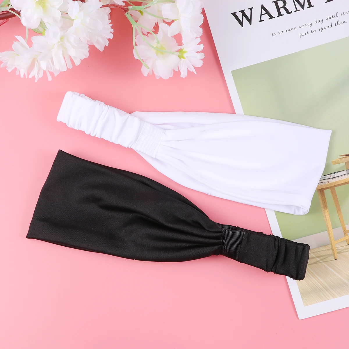 

2 pcs Polyester Sports Headband Adjustable Sweatband For Fitness Yoga Makeup Spa Breathable Elastic Band Black White