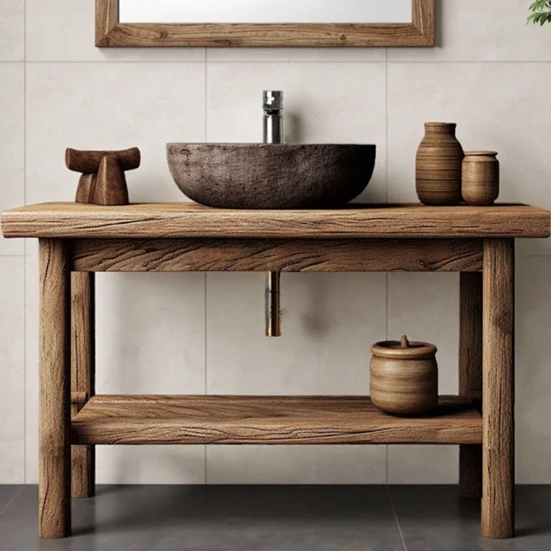 Bed and breakfast furniture wabi sandy log bathroom cabinet retro style wash basin cabinet solid wood wash basin