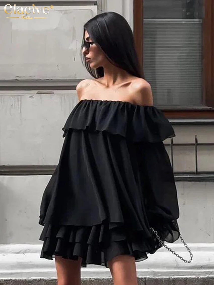 

Clacive Sexy Loose Black Women's Dress 2025 Fashion Slash Neck Long Sleeve Mini Dresses Elegant Classic Pleated Female Dress