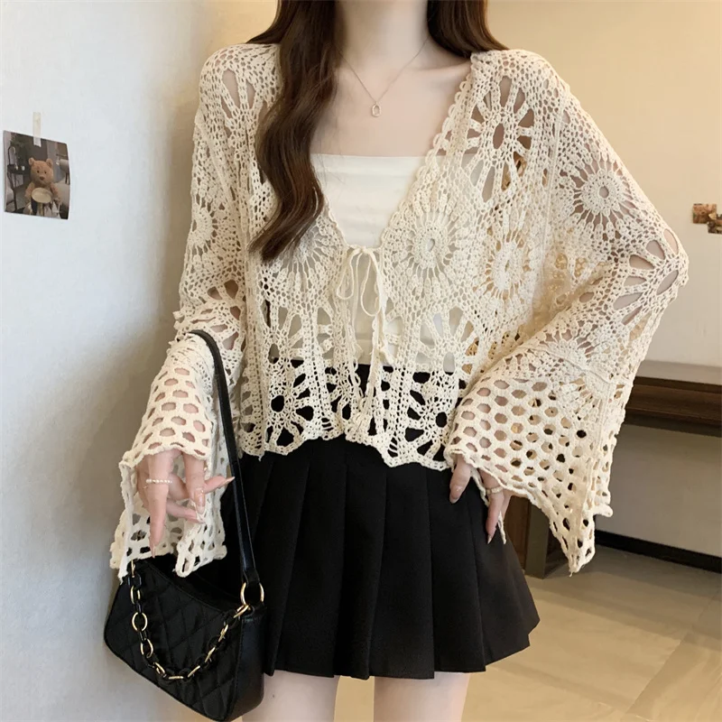 

Tie Up Crochet Top Granny Square Open-stitch Shawl Hollow-out Knit Cardigan Blouse Women Summer Beach Cover-up Festival Resort