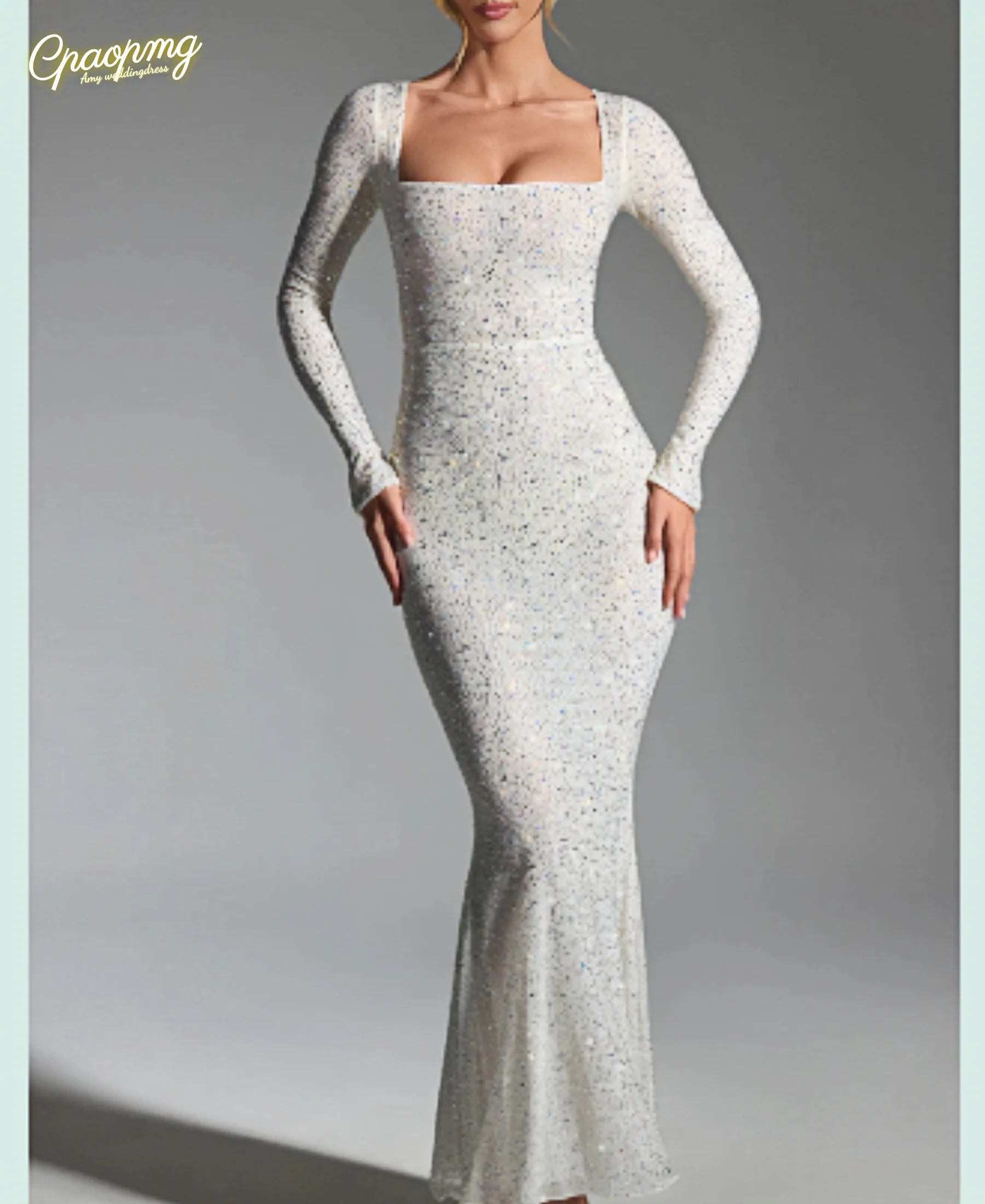 

Customized Women's Square Collar Regular Long Sleeves Skinny Trend Eelgant Party Slim