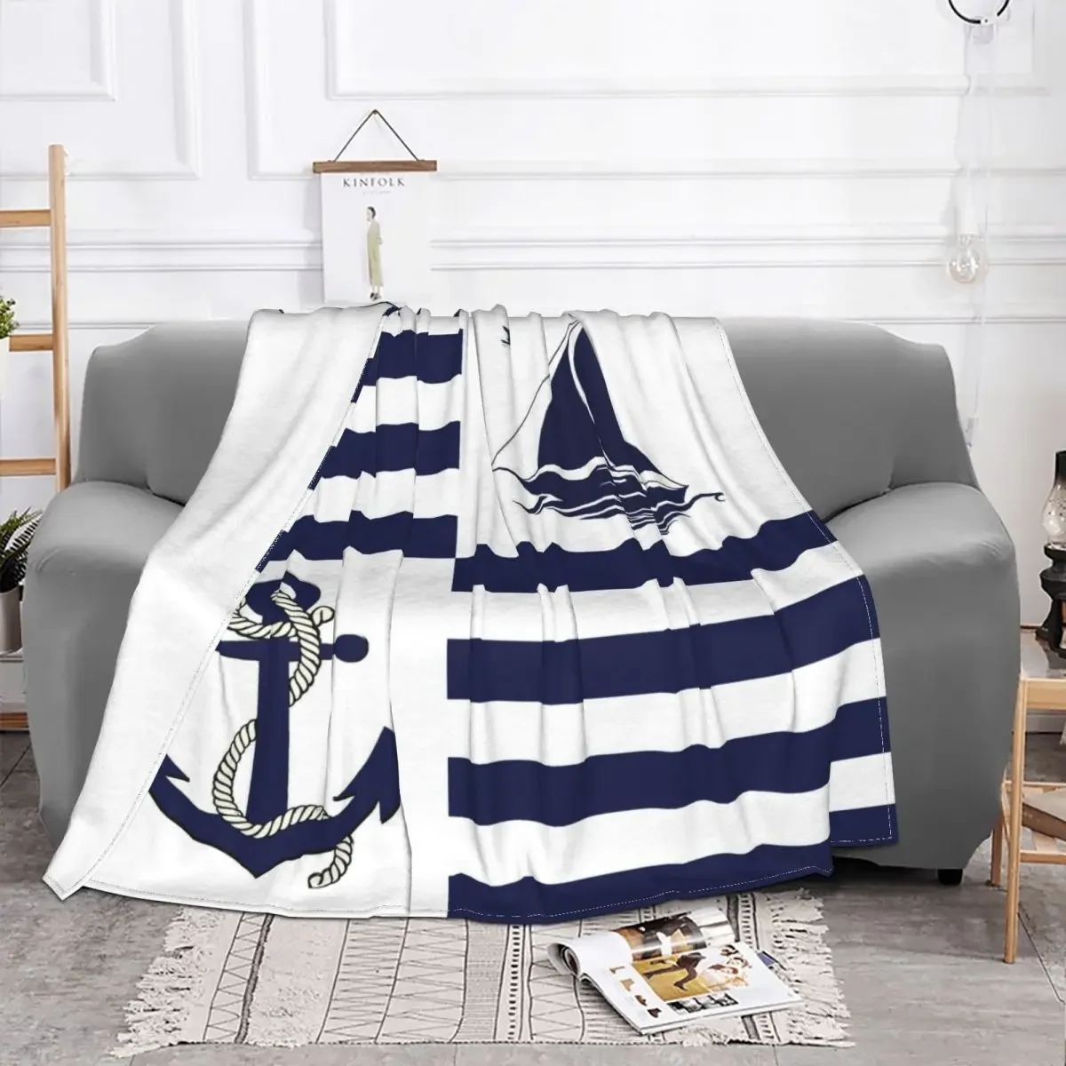 

Baby Blanket Nautical Navy Anchor Blue Stripe Sofa Cover Flannel Plaid Winter Thin Throw for Home Office Plush Thin Quilt