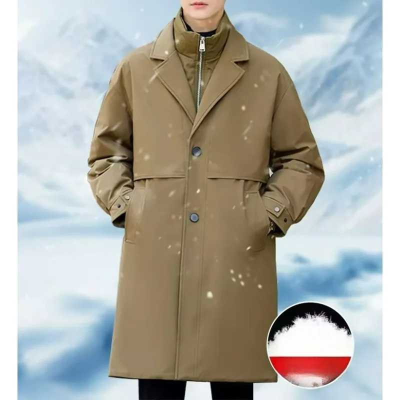 

Extra-Long Winter Down Jacket White Duck Down Fill Versatile Warmth Fashion Mid-Length Business Style Blazer Collar Trench Coat