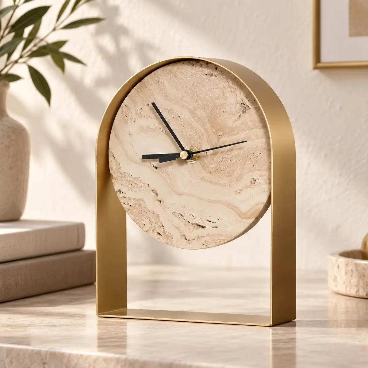 Natural Stone Desk Clock Modern Travertine Marble Table Clock Metal Arch Frame Luxury Home Office Shelf Decor Gift