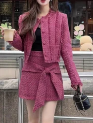 Winter Pink Elegant New Two Piece Set Women Blazer Coat+solid Bow Mini Skirt Female Korean Fashion Designer Mini Skirt Suit 2024