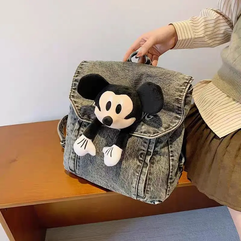 かわいい漫画ディズニーシリーズミッキー女の子新しいアウトドアファッションポータブル大容量収納洗浄デニム人形バックパックギフト