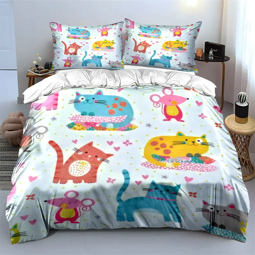 "Cartoon Cat Print Bedding Set" Soft Comfortable Duvet Cover Bedding Set Included 1*Duvet Cover & 2*Pillowcases, gift