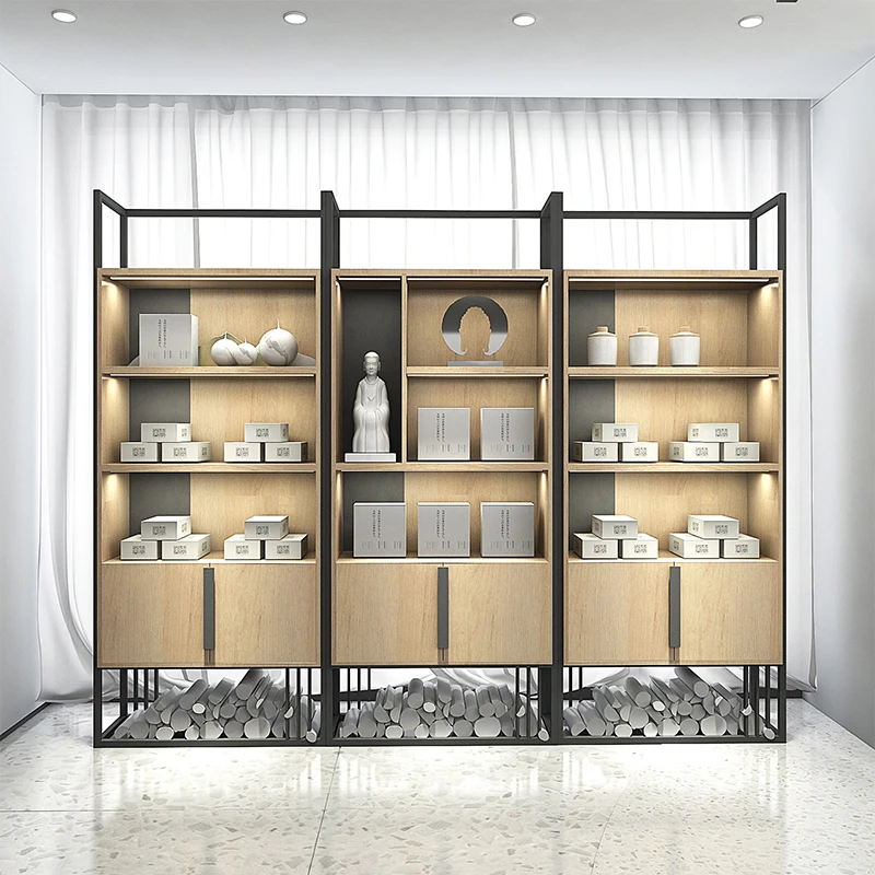 Tea display cabinet, tea ware, porcelain, and light display combination rack, simple tea space