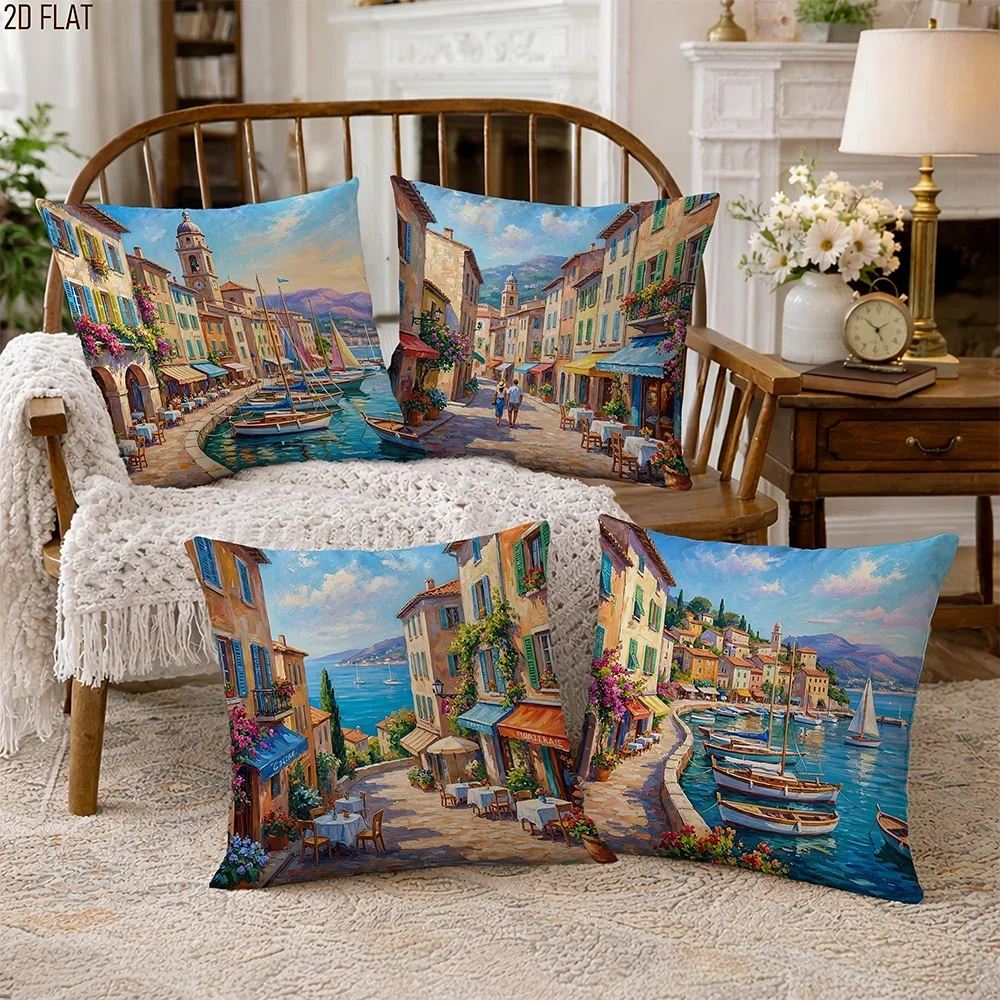 1/4pcs Mediterranean Coastal Town Oil Painting Throw Pillow Covers Home farmhouse outdoor decoration cushion cover