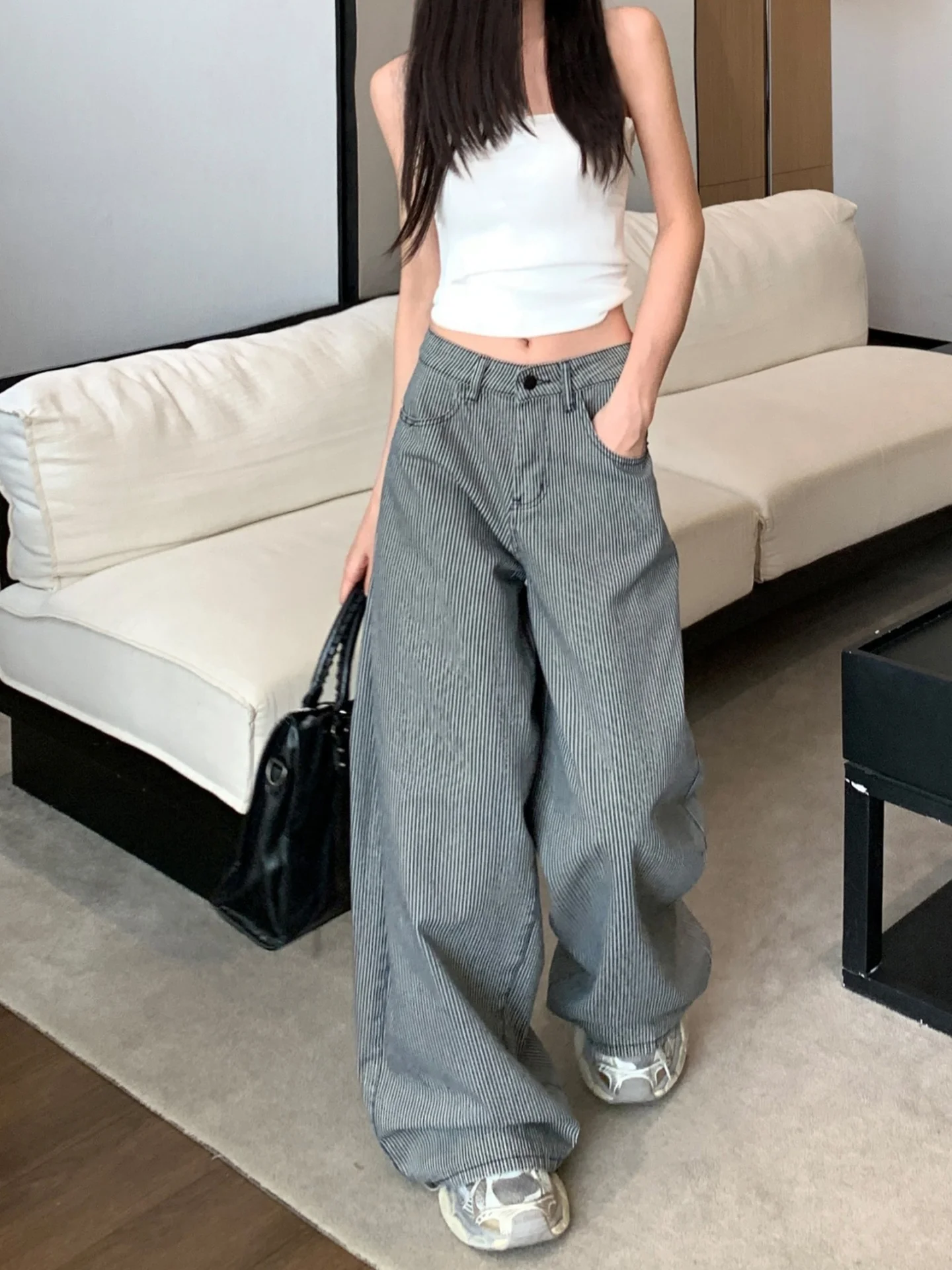

Korean Retro Grey Striped Loose Pleated Straight Wide-leg Jeans Women's Casual Fashion High-waisted Versatile Long Trousers
