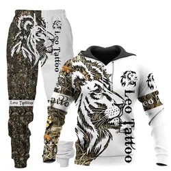 Conjunto de Sudadera con capucha y pantalones con estampado de León en 3D para hombre y mujer, chándal de dos piezas para correr al aire libre, ropa deportiva para invierno y otoño