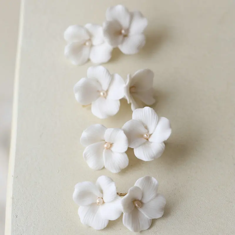 Handmade Simple Ceramic White Color Flower Bridal Small Hairpin Women Hair Clip Headpiece Wedding Accessories